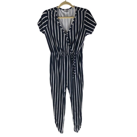 J For Justify Womens Black & White Striped Short Sleeve Faux Wrap Jumpsuit S - Picture 1 of 4
